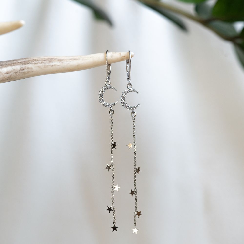 Silver Cubic Z Moon & Falling Stars Earrings