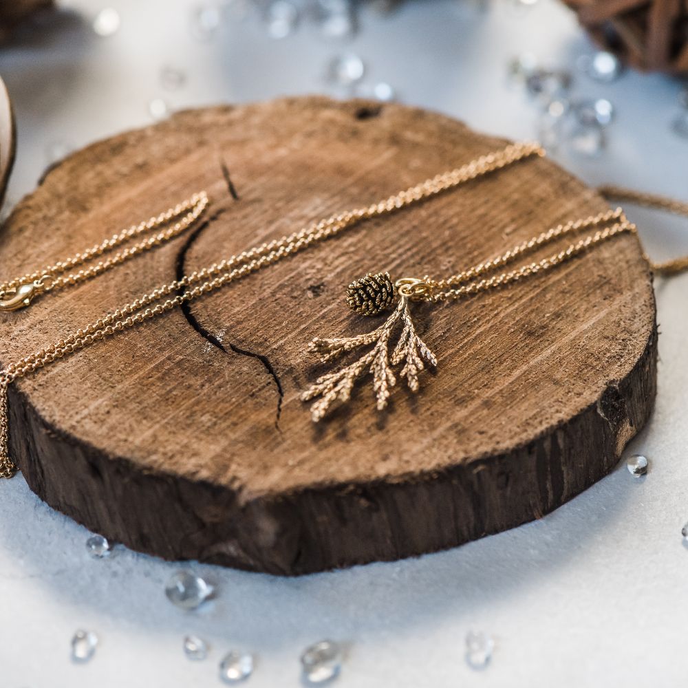 Gold Long Necklace Branch & Pinecone