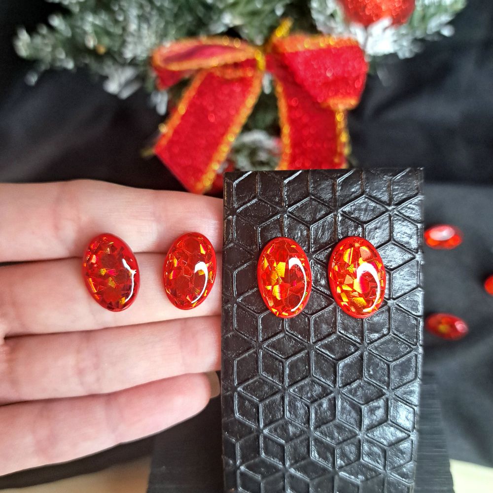 Leona Oval Holo Red Glitter Earrings - Studs