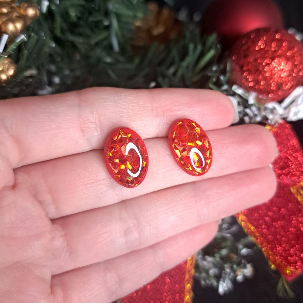 Leona Oval Holo Red Glitter Earrings - Studs — photo 2