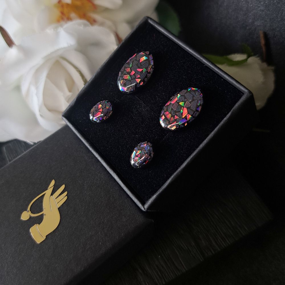 Leona Oval Holo Black Glitter Earrings - Studs