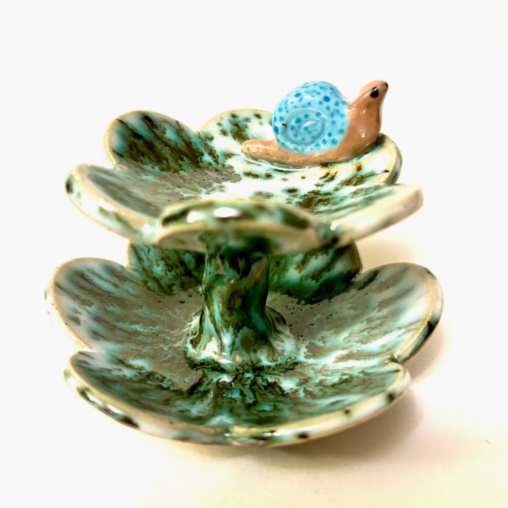 Sakura Two-Tier Blossom Trinket Dish Green w Snail