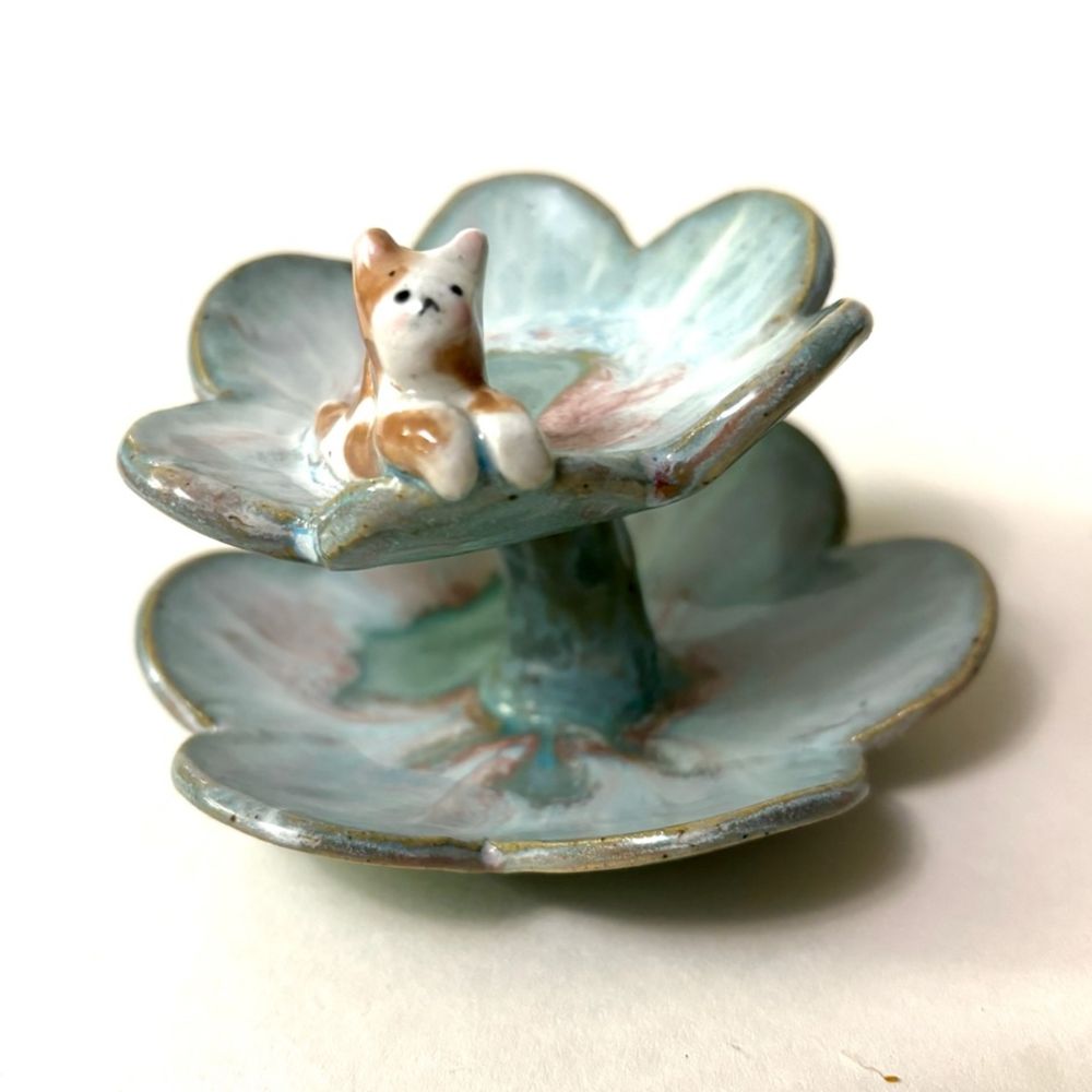 Sakura Two-Tier Blossom Trinket Dish Turquoise w Cat