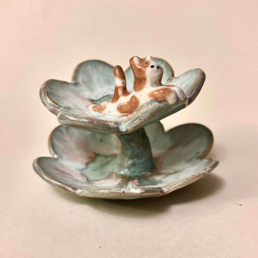 Sakura Two-Tier Blossom Trinket Dish Turquoise w Cat — photo 4