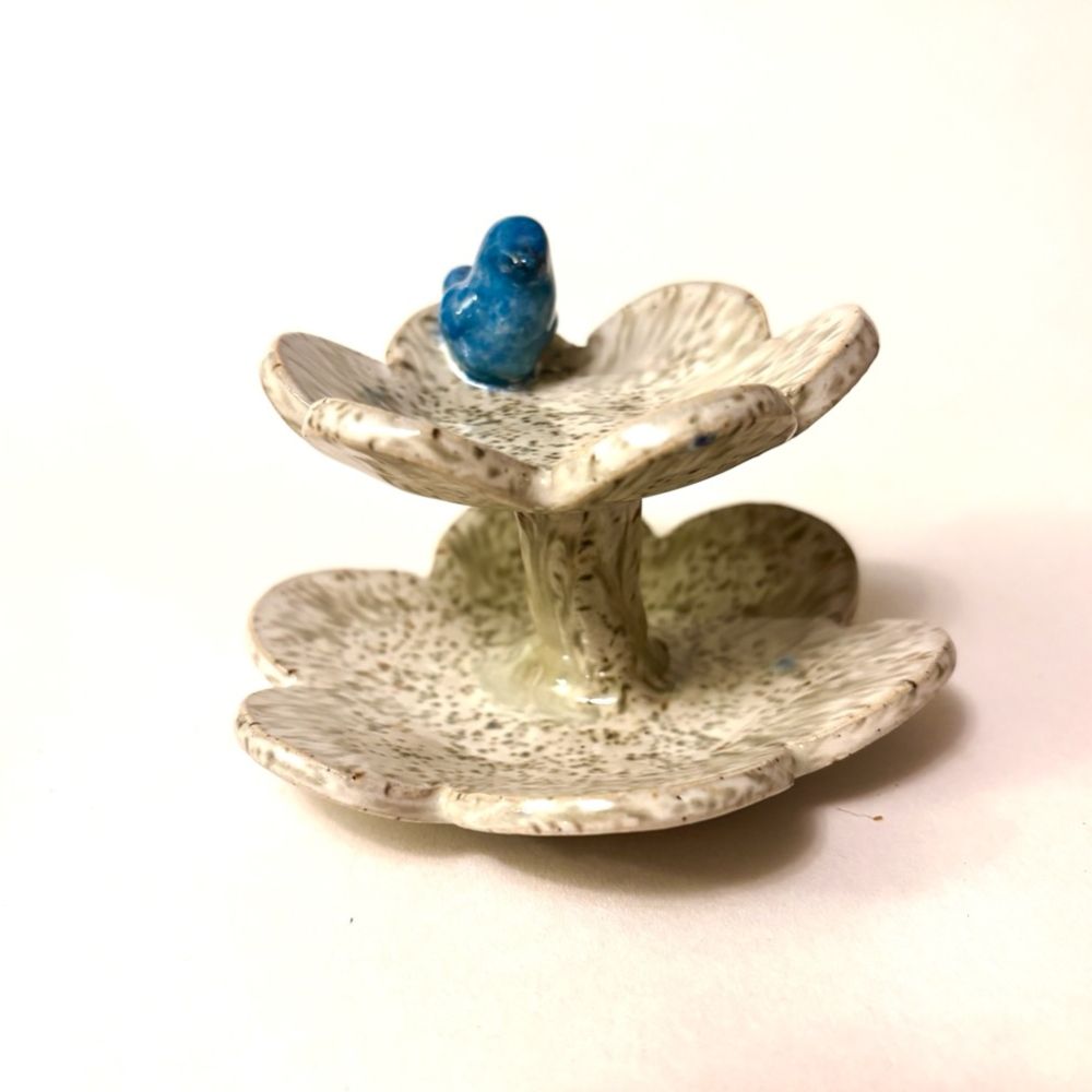 Sakura Two-tier Blossom Trinket Dish Cream Speckle w Blue Bird