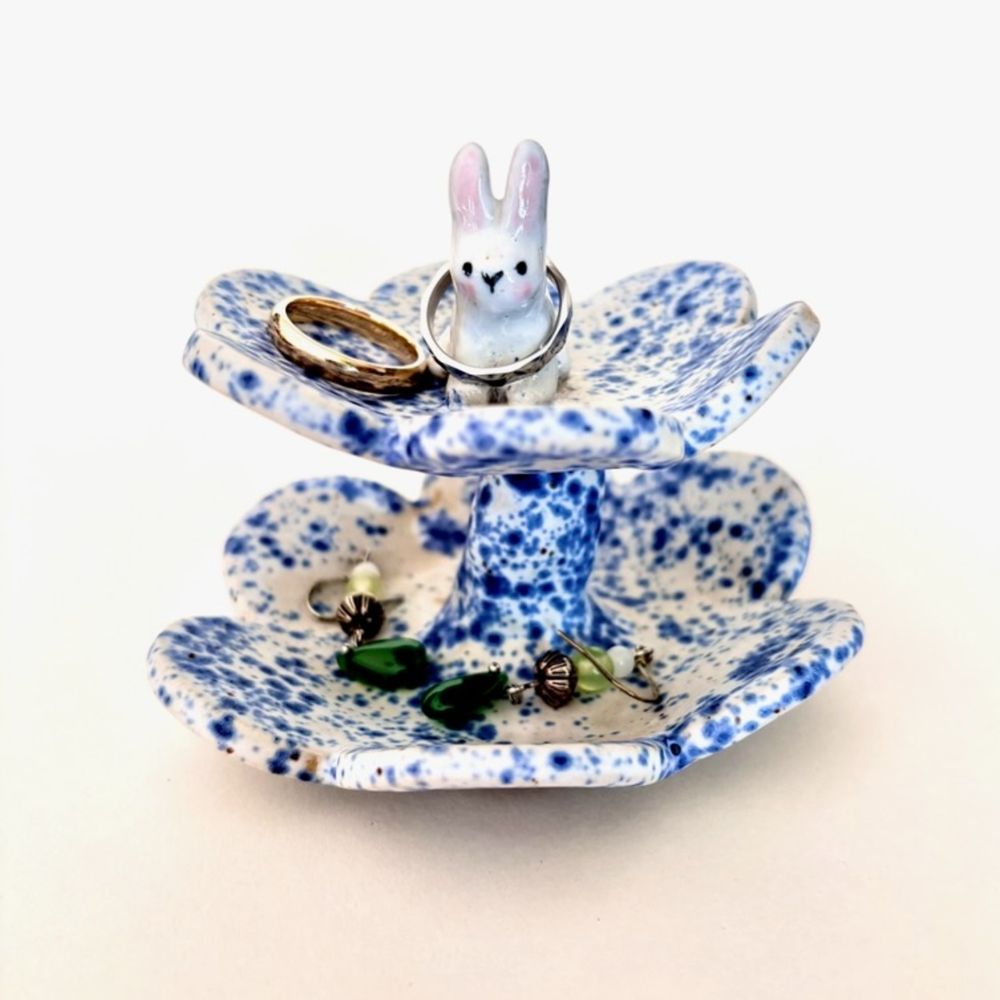 Sakura Two-Tier Blossom Trinket Dish Blue Speckle w Rabbit — photo 3