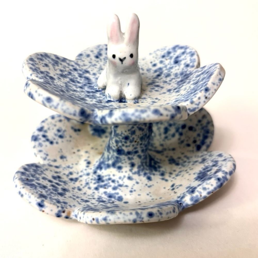 Sakura Two-Tier Blossom Trinket Dish Blue Speckle w Rabbit