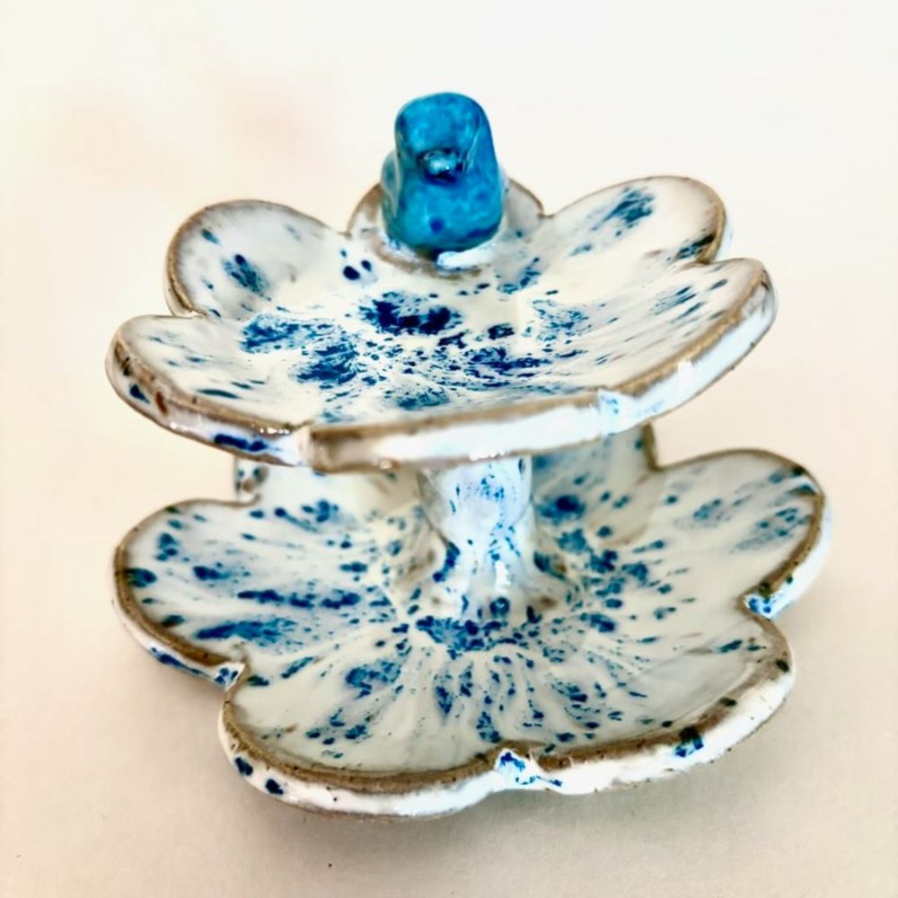 Sakura Two-Tier Blossom Trinket Dish Blue Speckle w Bird — photo 2