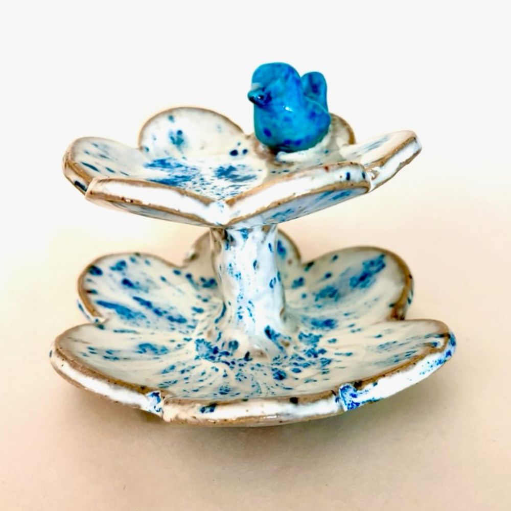 Sakura Two-Tier Blossom Trinket Dish Blue Speckle w Bird