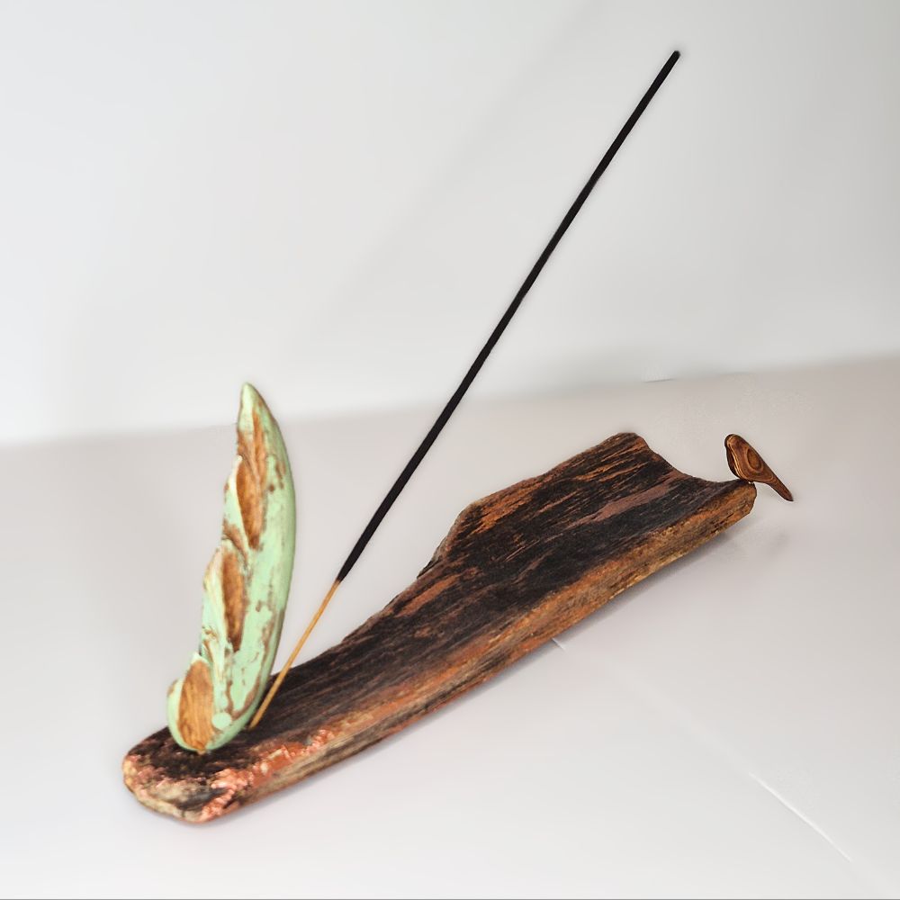 DW Incense Holder With hand carved bird and turquoise cypress symbol