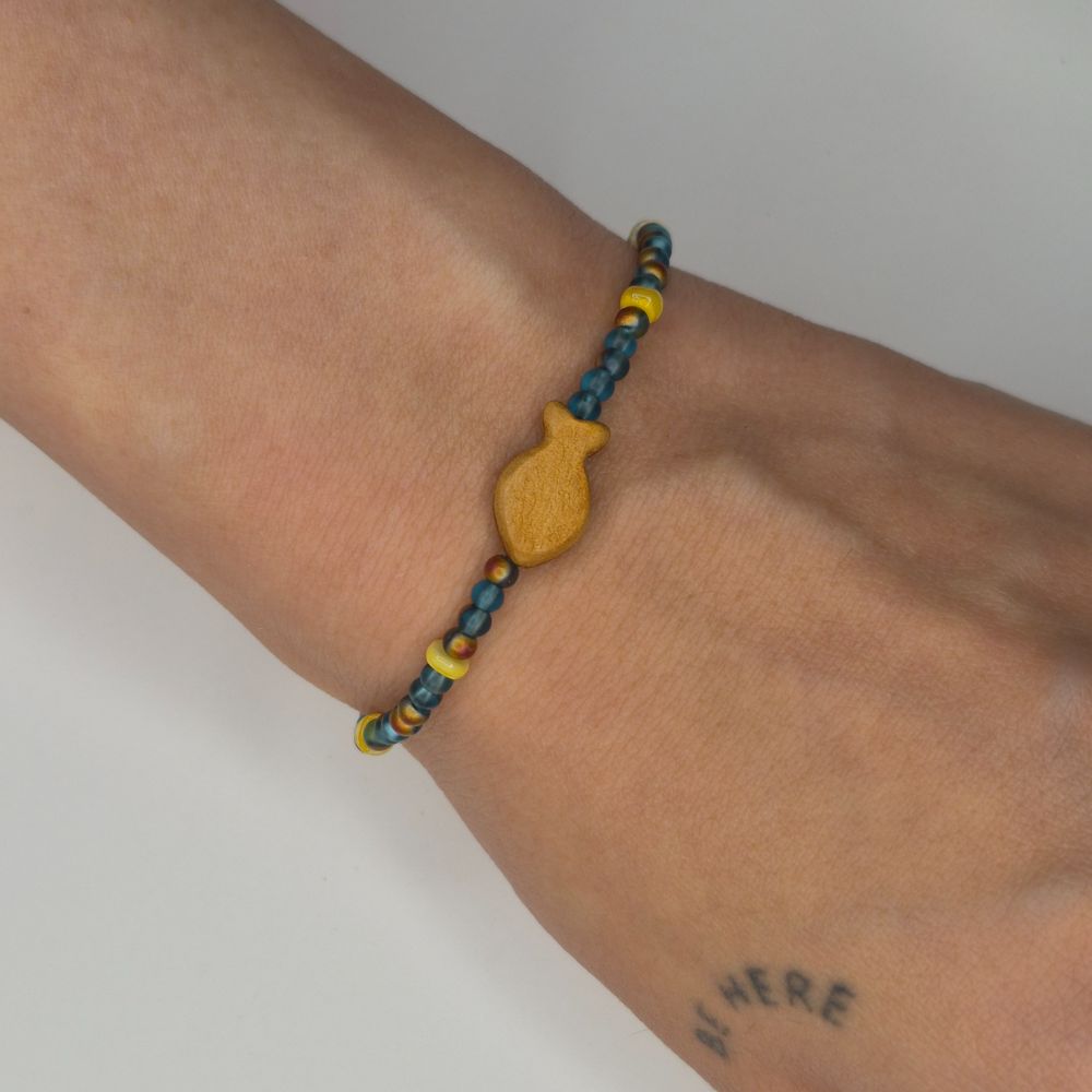 Wooden Fish Bracelet With Iridescent Beads