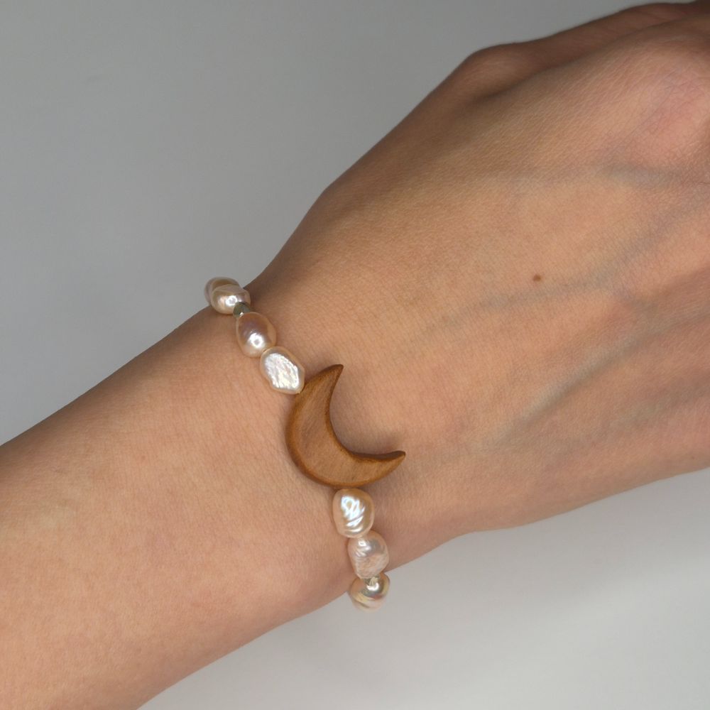 Wooden Moon Bracelet With Freshwater Pearls