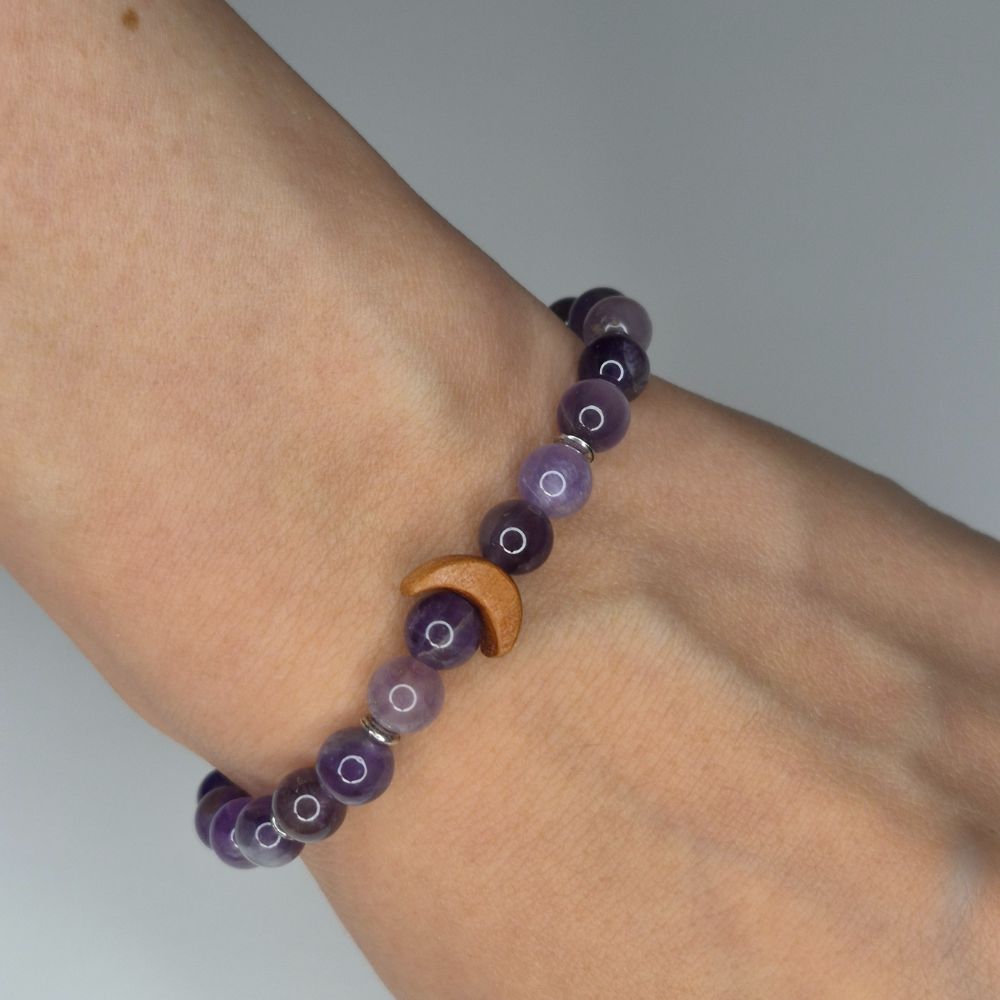 Wooden Moon Bracelet With amethyst Stones