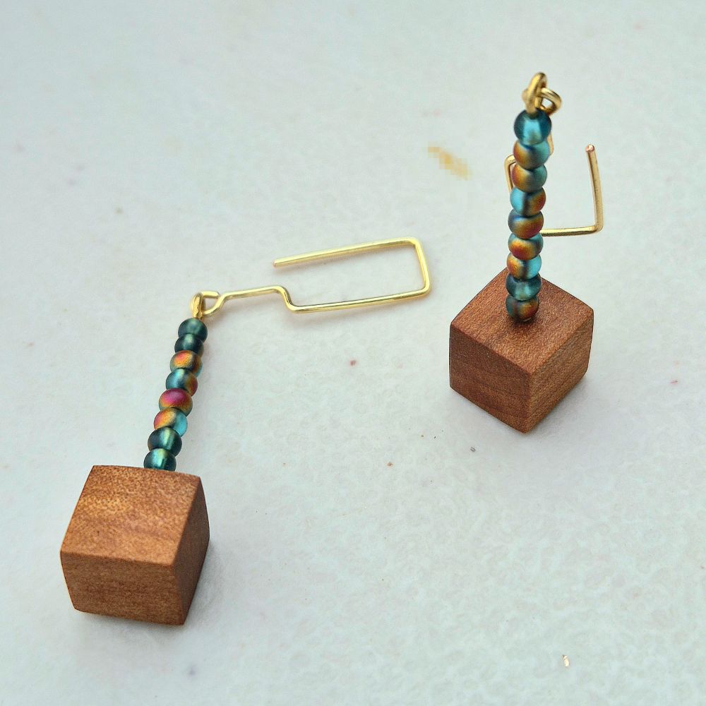 Wood Cube & Glass Beads Earrings