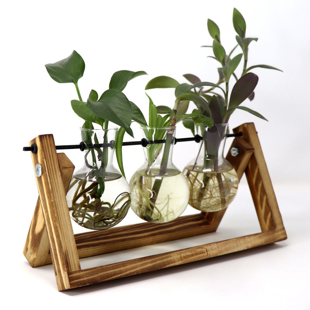 Triple Glass Vases With Wooden Frame