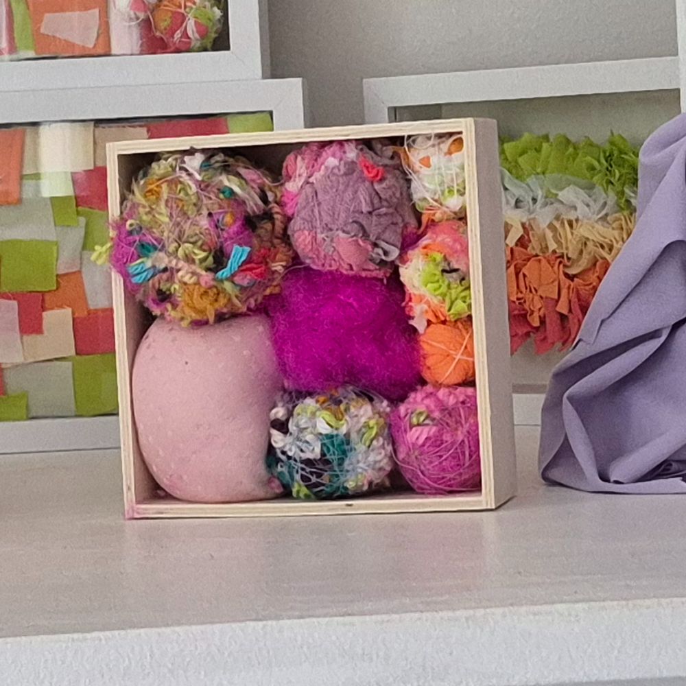 Textile Sphere collage in wooden box — photo 10