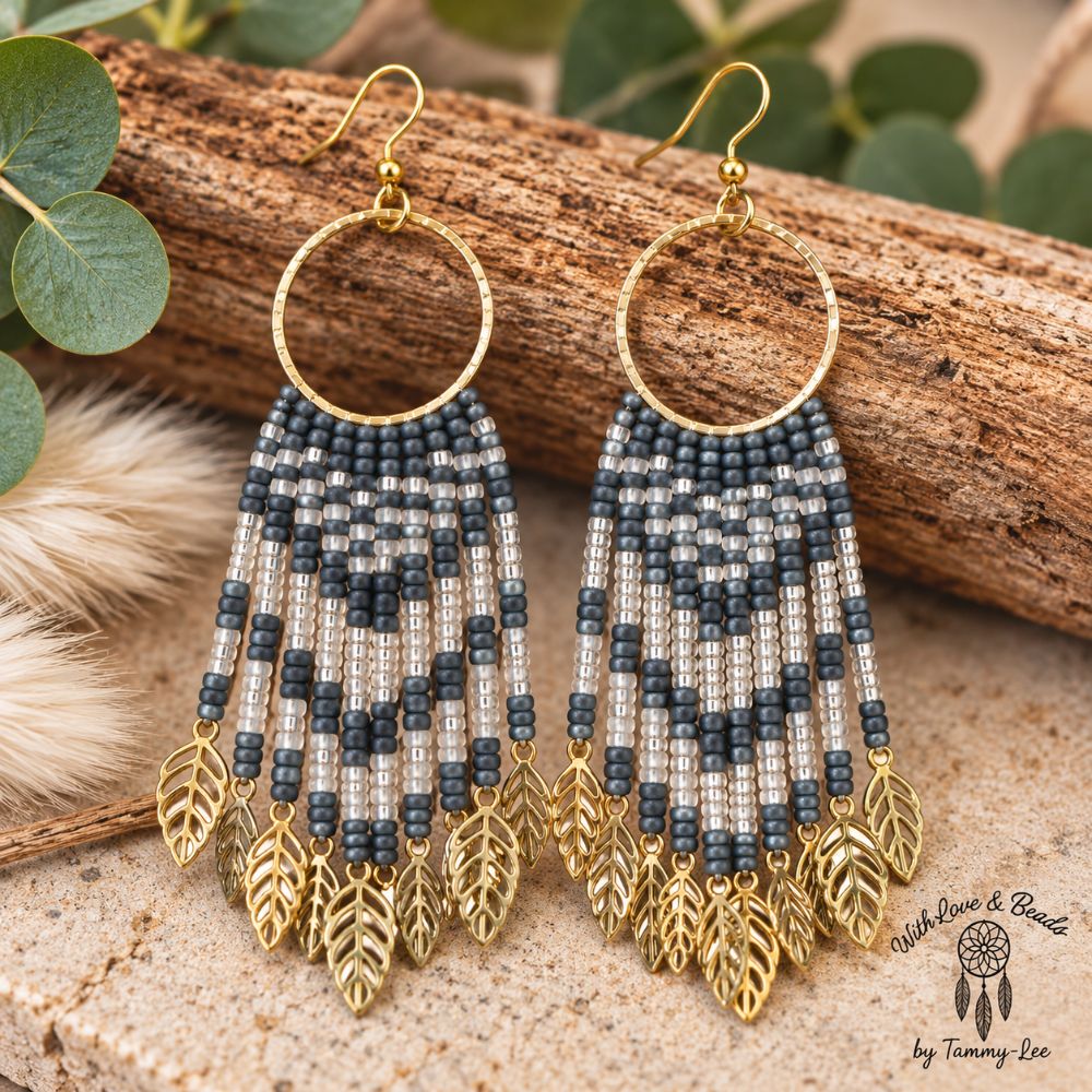 Blue/Grey Gold Leaf Fringe Earrings