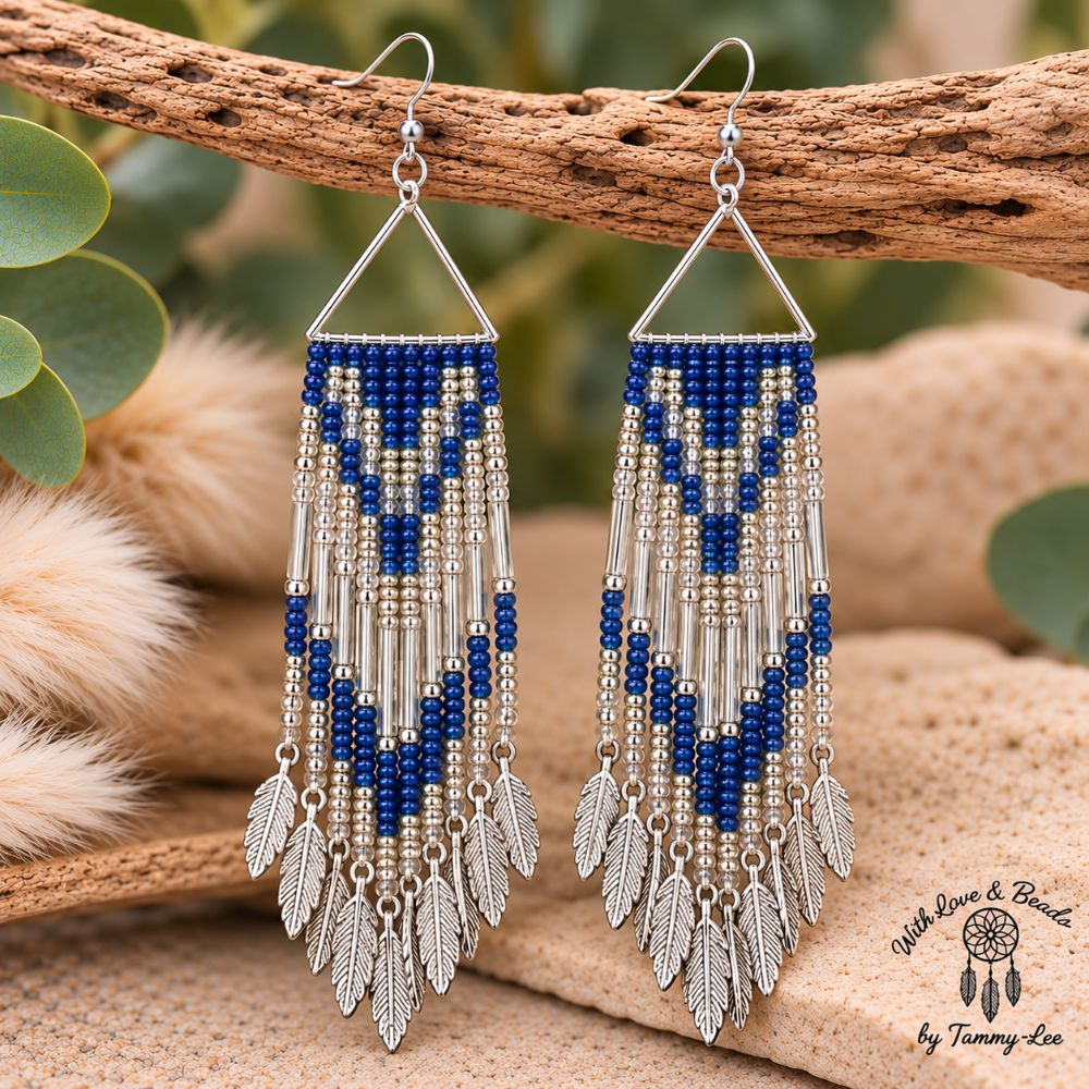 Iridescent Royal Blue Silver Leaf Fringe Earrings
