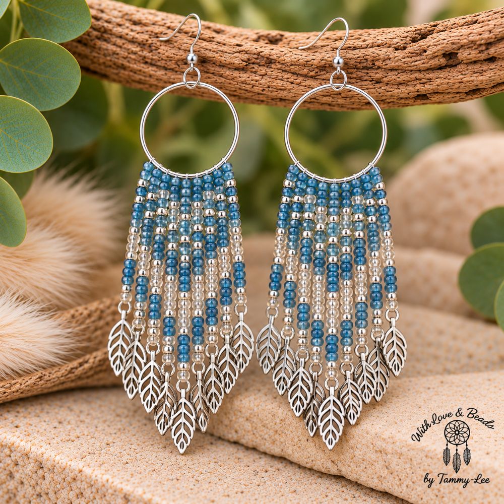 Iridescent Blue Silver Leaf Fringe Earrings