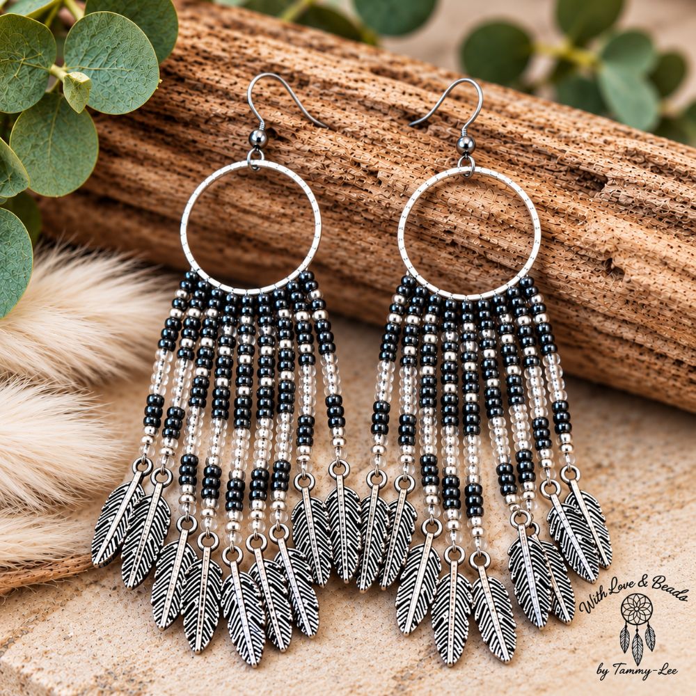 Gunmetal Blue Silver Leaf Fringe Earrings