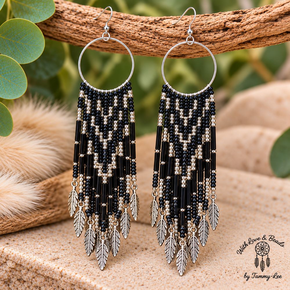 Gunmetal Black Silver Leaf Fringe Earrings