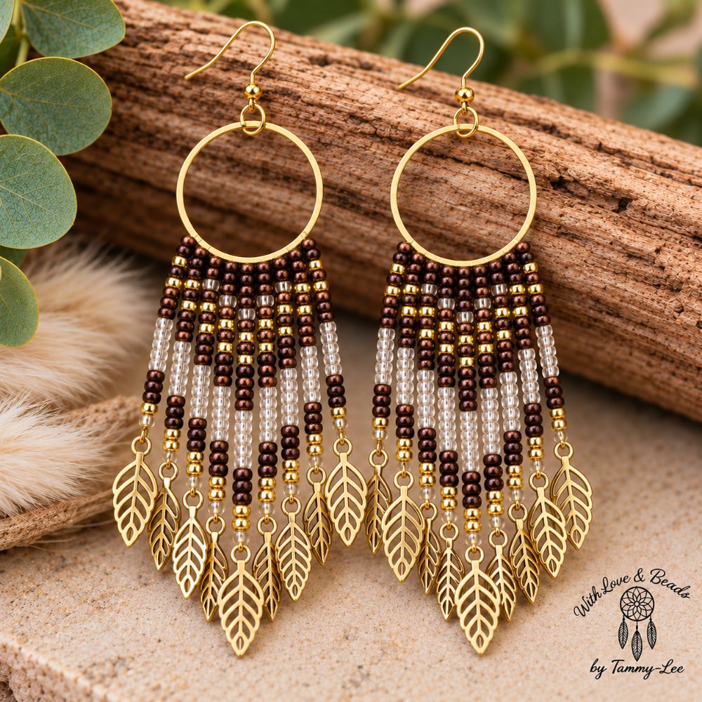 Earthtone Mix Gold Leaf Fringe Earrings