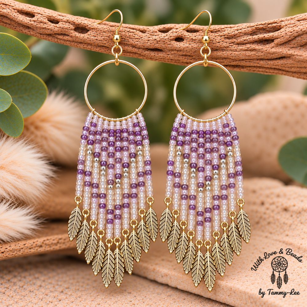 Lavender Pink Gold Leaf Fringe Earrings