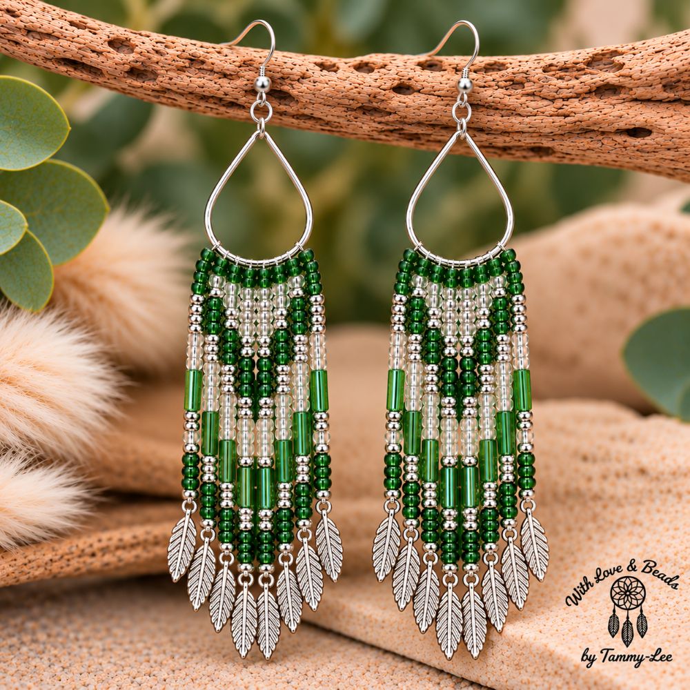 Kelly Green Silver Leaf Fringe Earrings