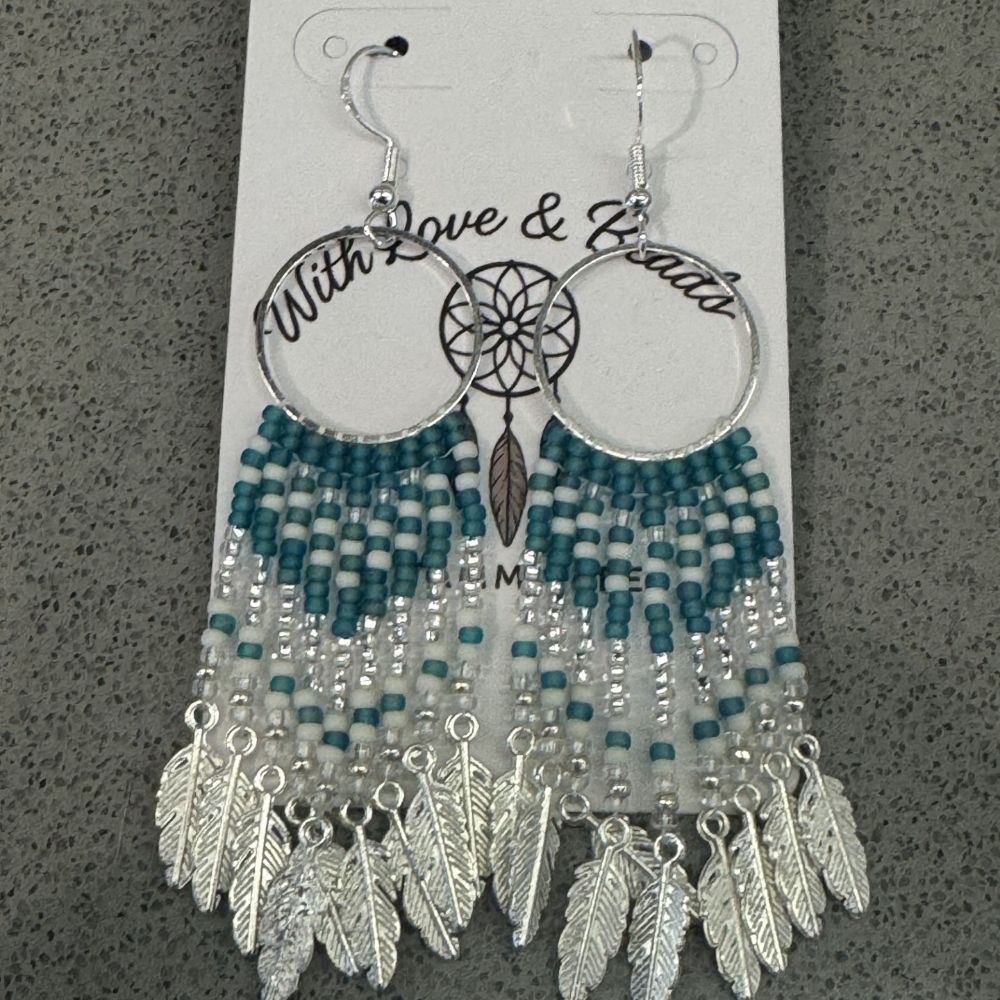 Teal Blue Silver Leaf Fringe Earrings