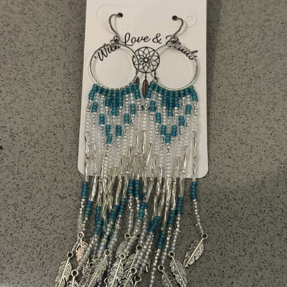 Teal Blue Iridescent Silver Leaf Fringe Earrings