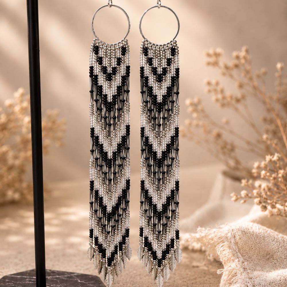 Silver Gunmetal Blue Silver Leaf Fringe Earrings