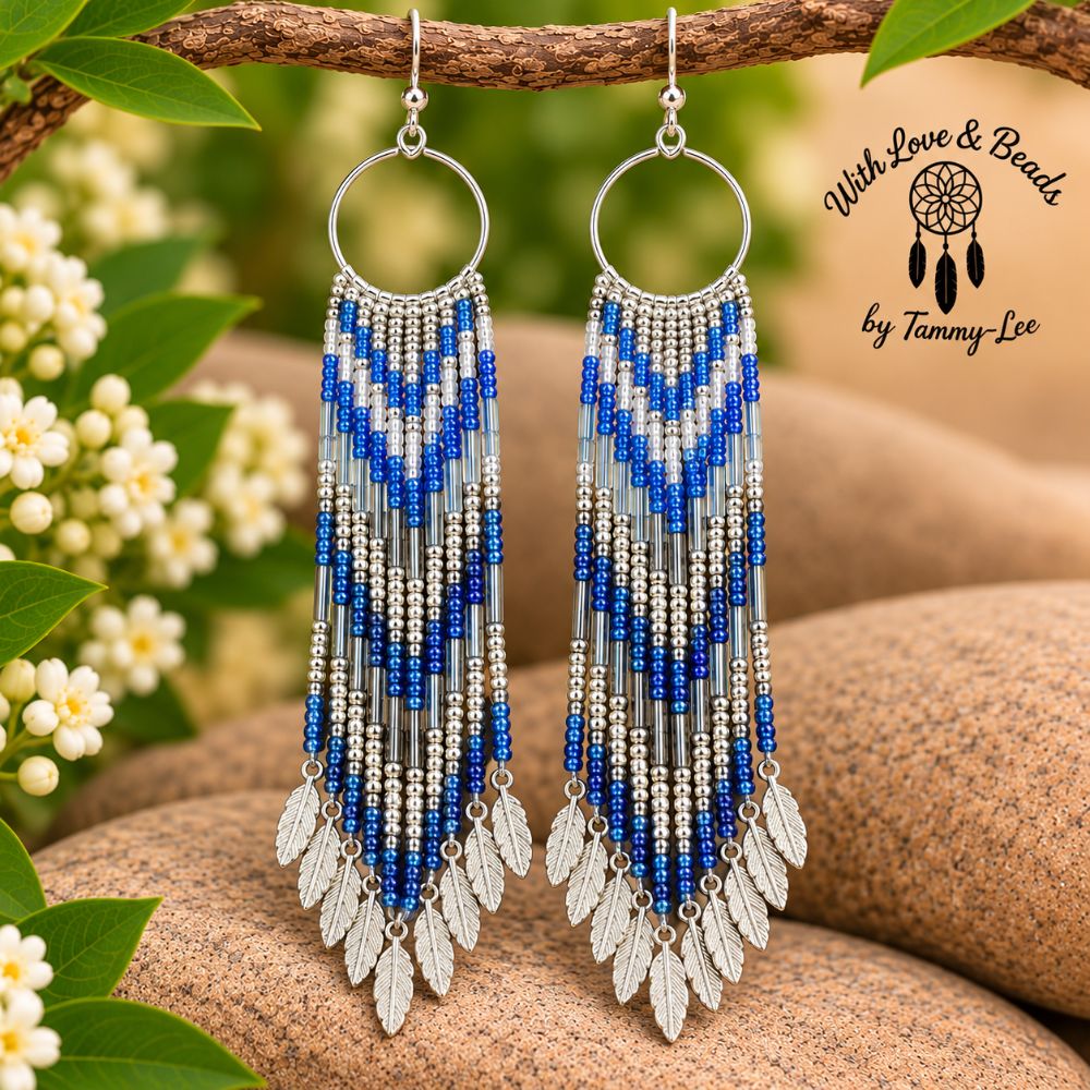 Silver & Sky Blue Silver Leaf Fringe Earrings
