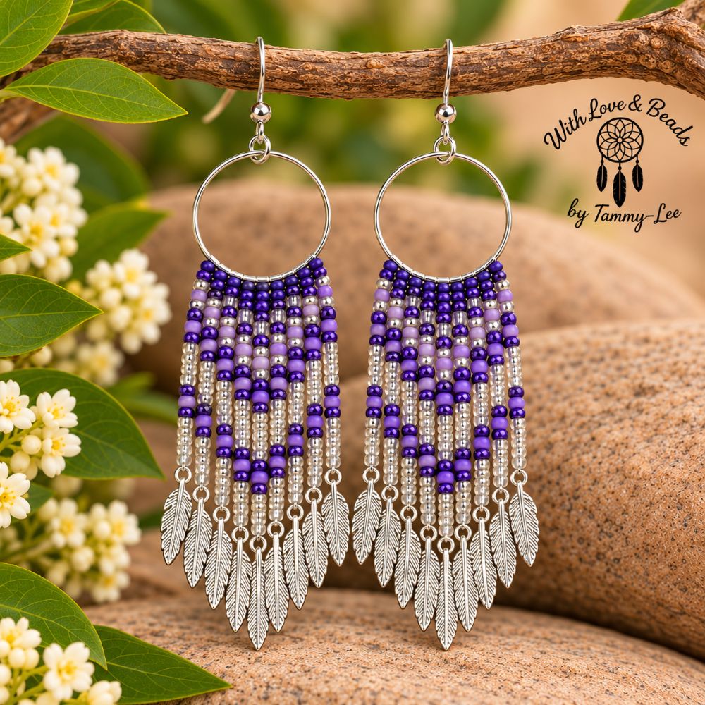 Purple Mix Silver Leaf Fringe Earrings