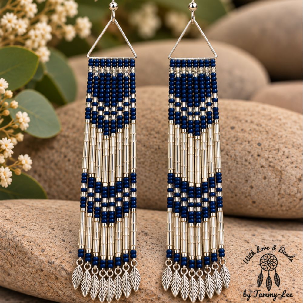 Matte Navy Blue Silver Leaf Fringe Earrings
