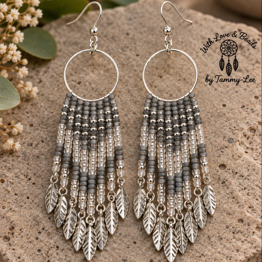 Matte Grey Silver Leaf Fringe Earrings