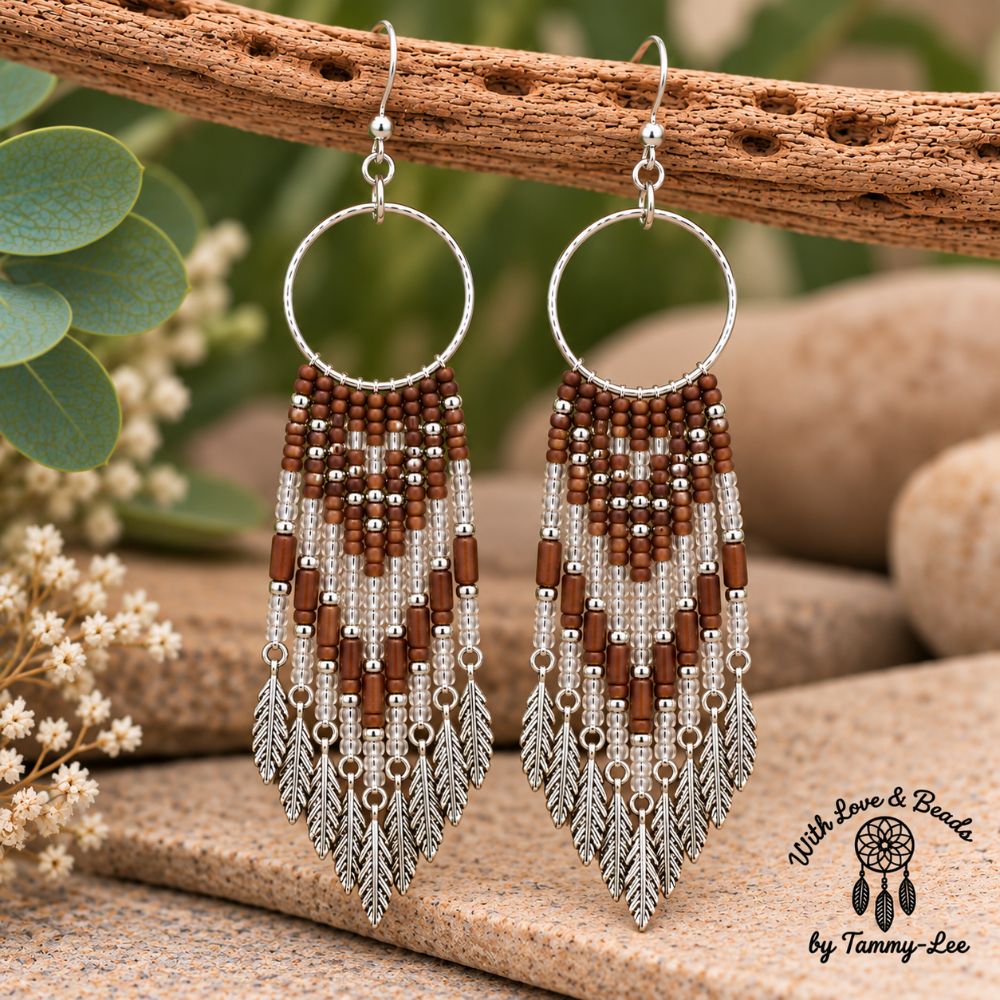 Matte Burgundy Silver Leaf Fringe Earrings