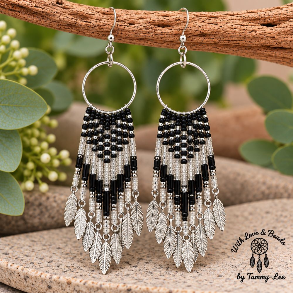 Matte Black Silver Leaf Fringe Earrings