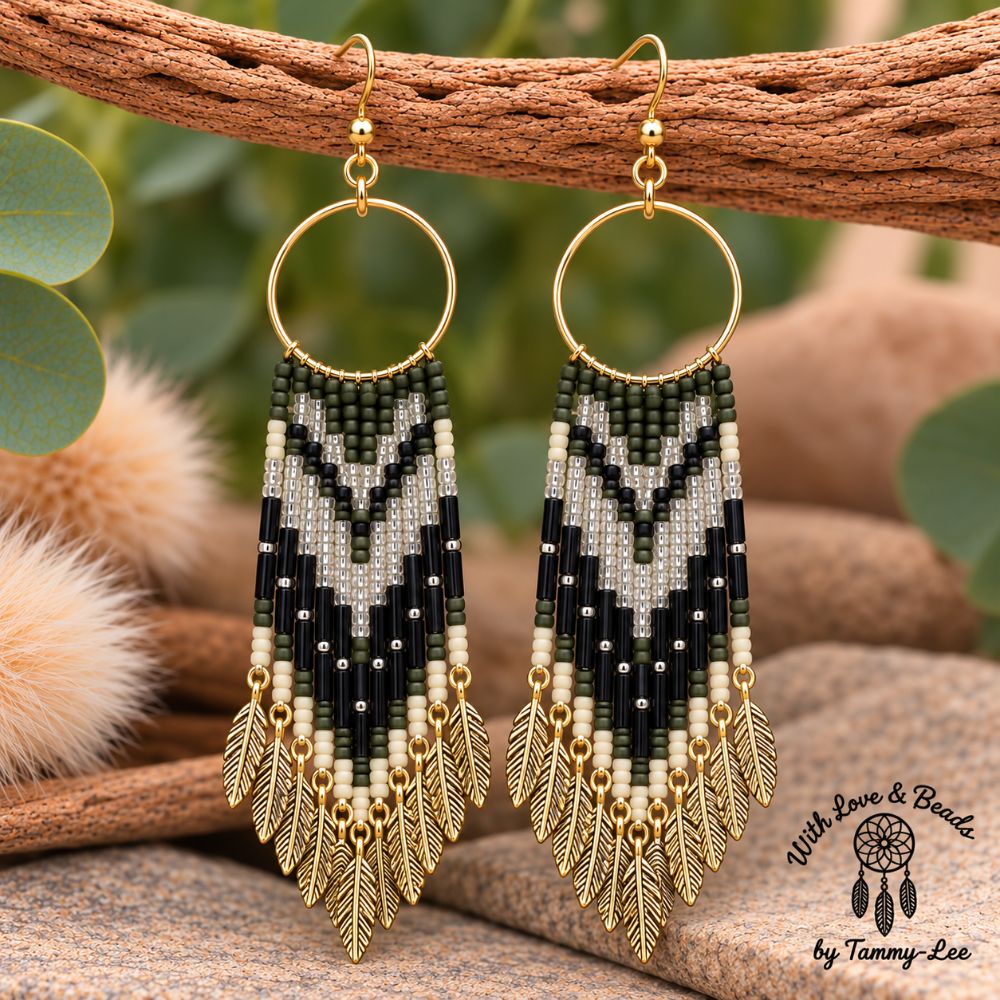 Matte Black Gold Leaf Fringe Earrings