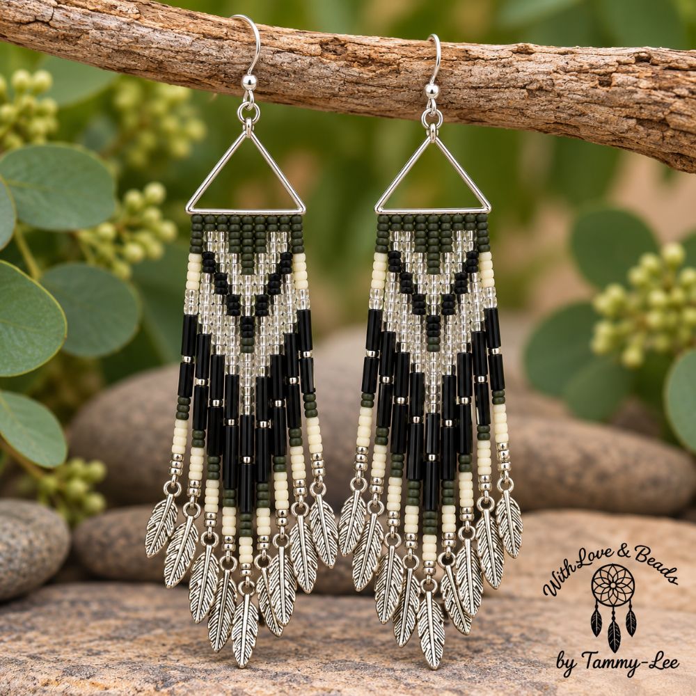 Matte Army Green Silver Leaf Fringe Earrings