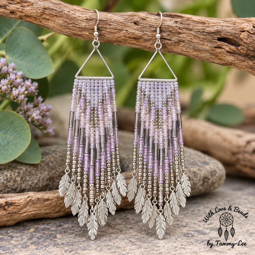 Lilac Shimmer Silver Leaf Fringe Earrings