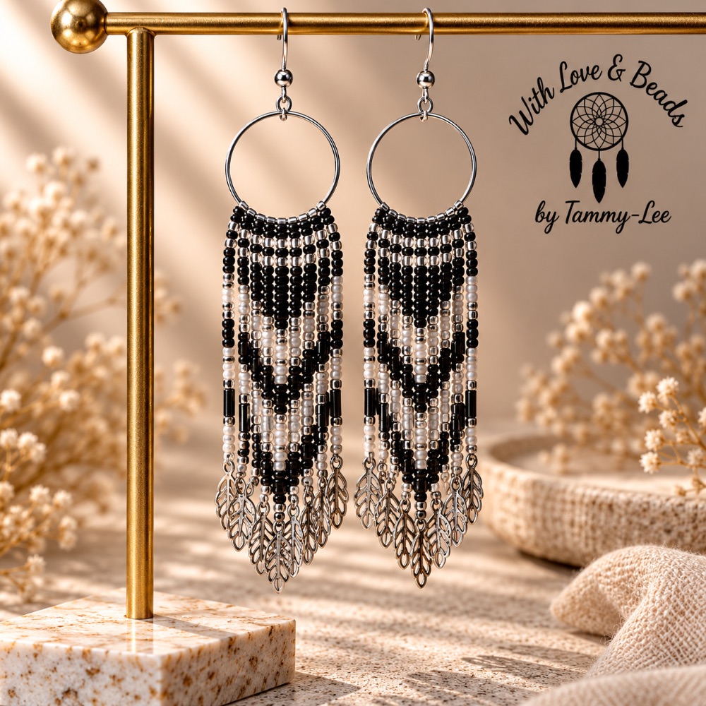 Grey Mix Silver Leaf Fringe Earrings
