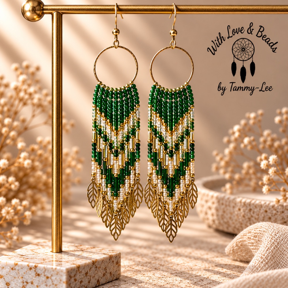 Emerald Green Gold Leaf Fringe Earrings