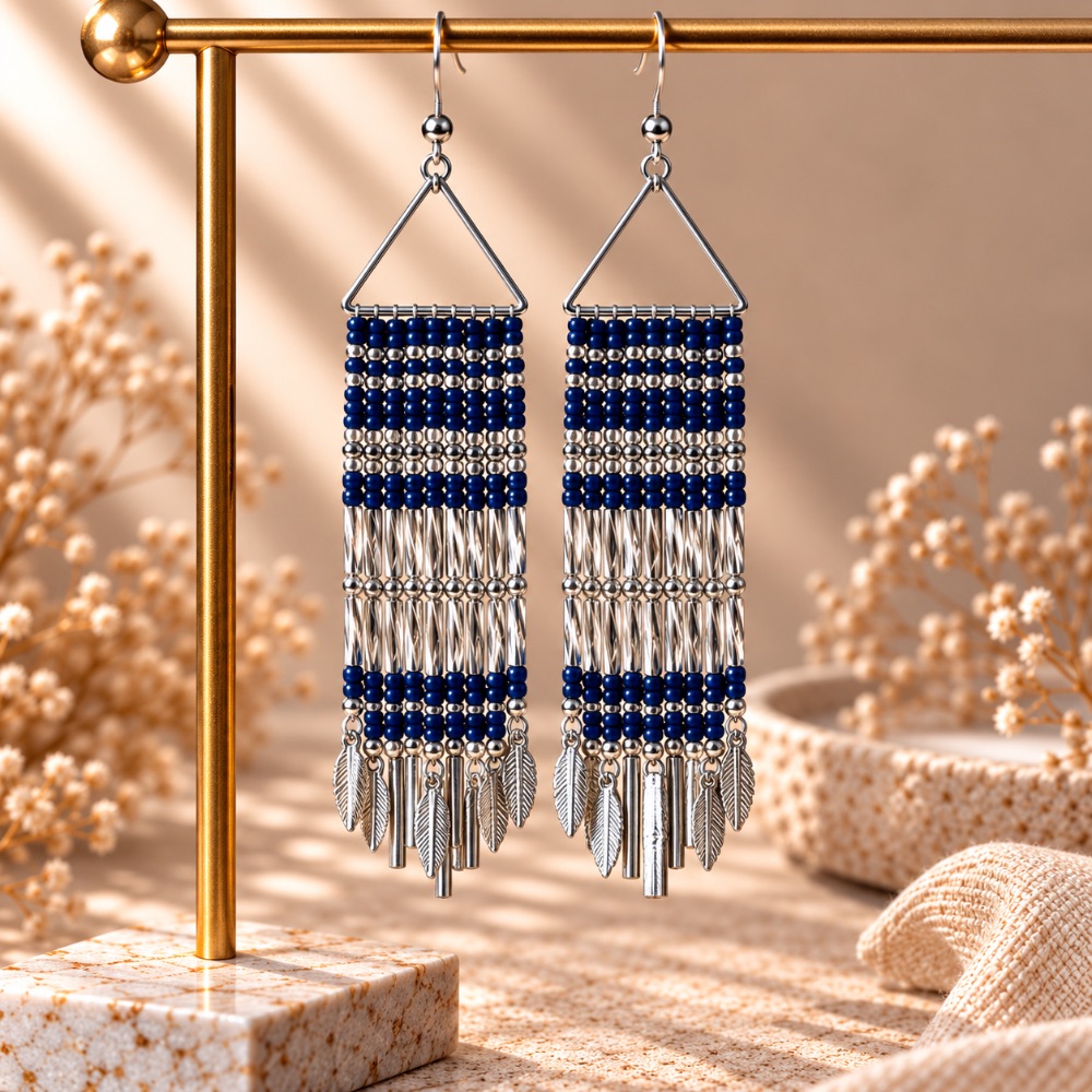 Navy Blue with Silver Twisted and Silver Leaf Fringe Earrings