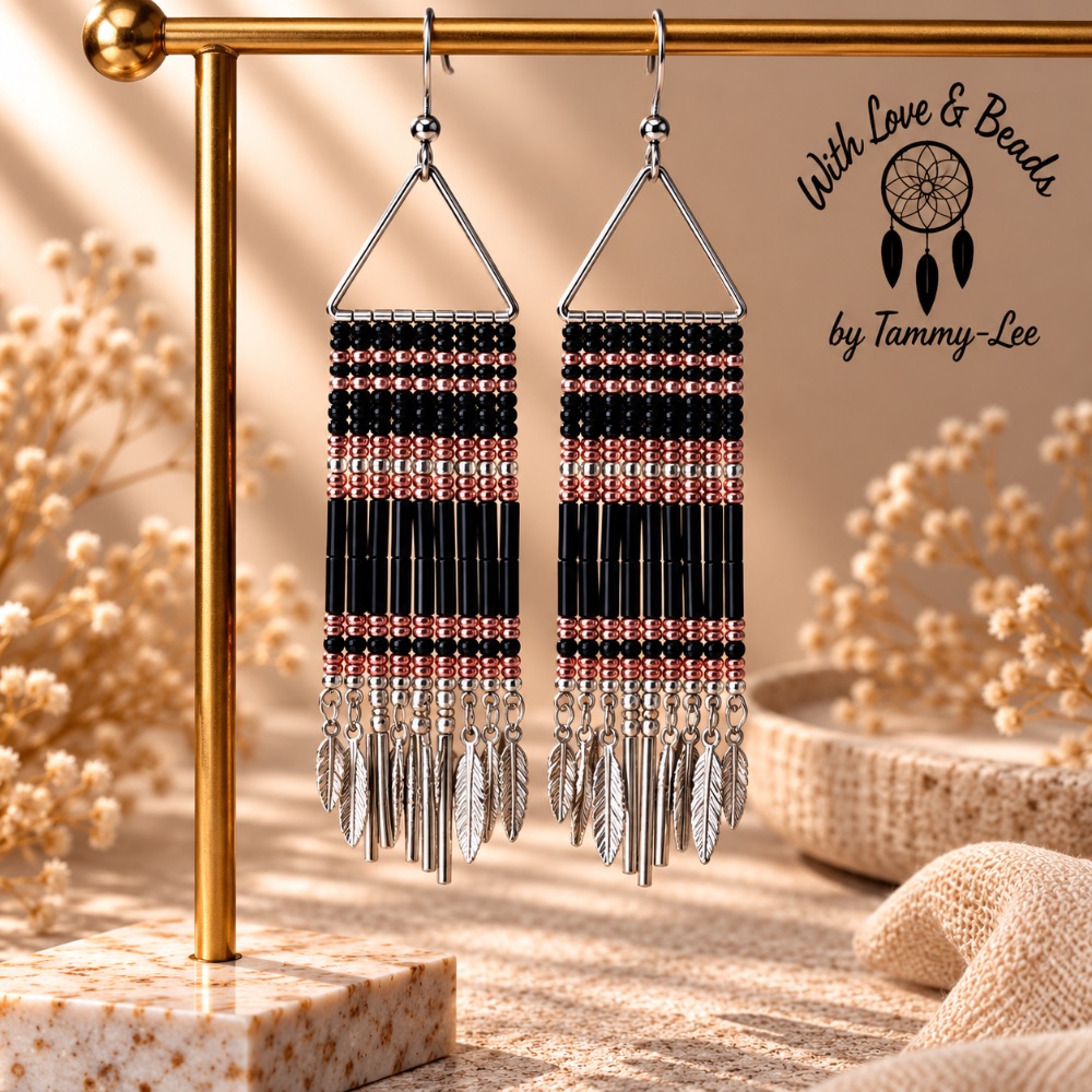 Black and Rose Gold Silver Leaf Fringe Earrings