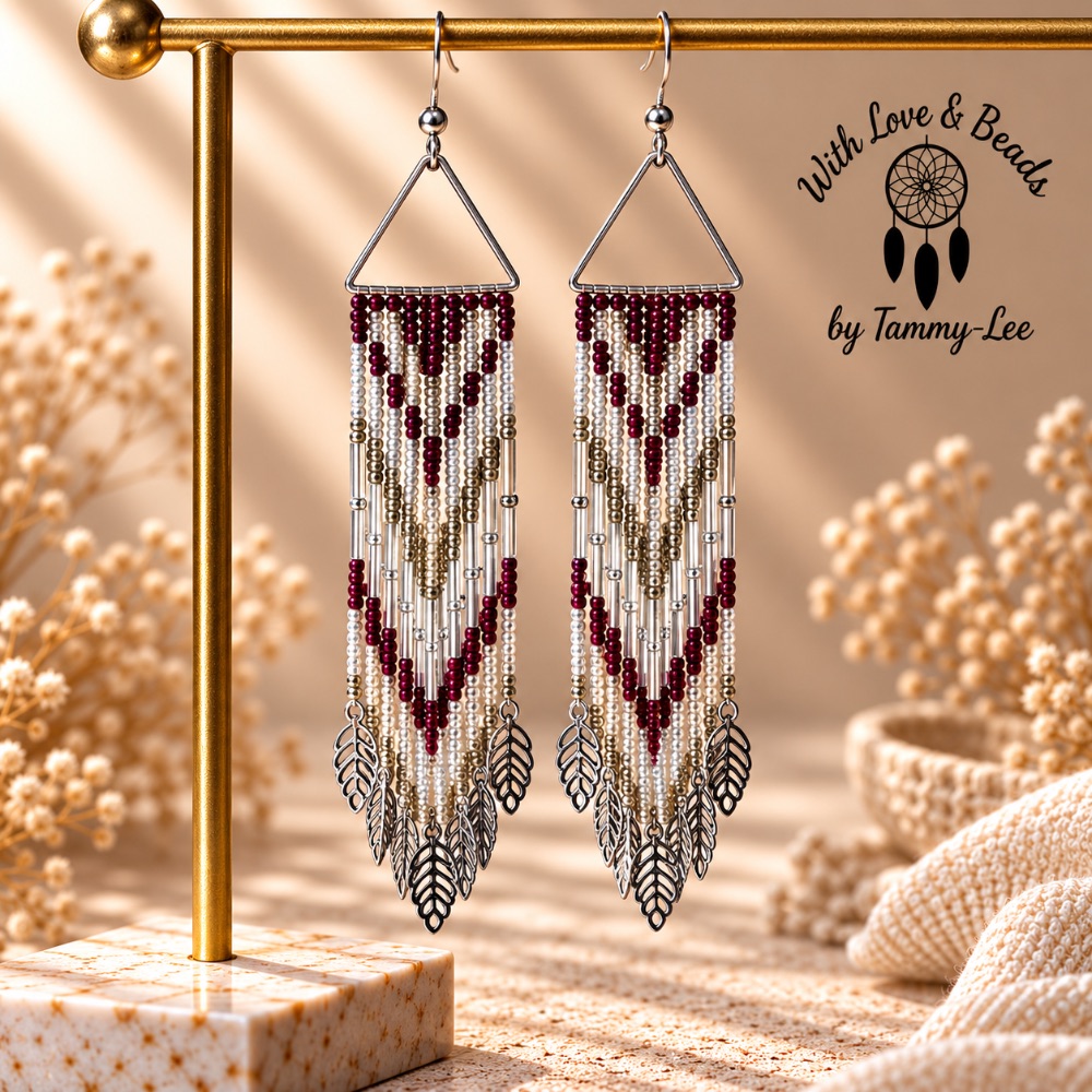 Raspberry Iridescent Silver Leaf Fringe Earrings