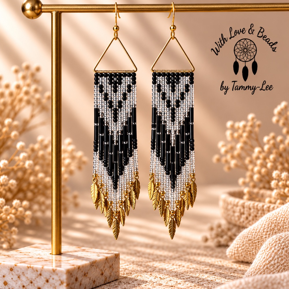 Black and Iridescent Gold Leaf Fringe Earrings