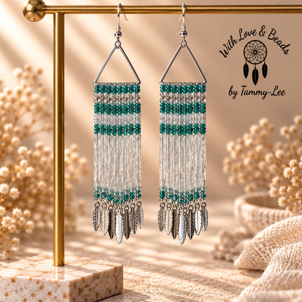 Teal with Twisted Iridescent Silver Leaf Fringe Earrings