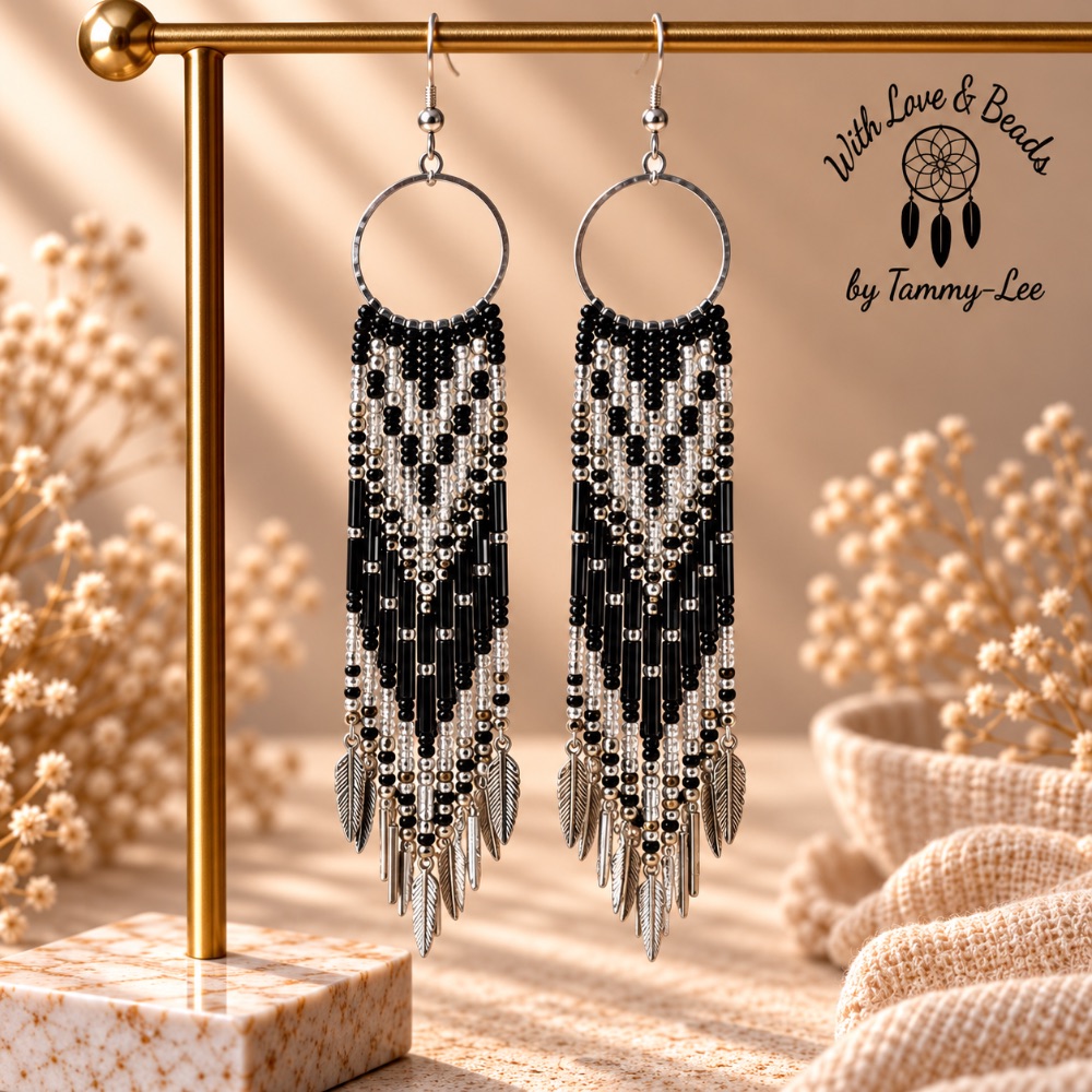 Black With Silver and Silver Leaf Fringe Earrings
